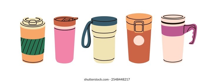 Canecas de viagem, conjunto de copos térmicos. Bbekware eco-friendly, tumblers próprios com tampas para bebidas quentes, café e chá. Garrafas isoladas reutilizáveis. Ilustração de vetor plano isolada no plano de fundo branco