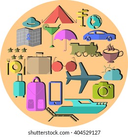 Travel multicolored set icons in beige circle