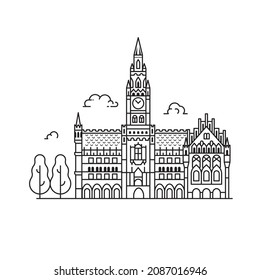 Travel Munich landmark icon. New Town Hall inspired Bavaria travel illustration in line art. Catholic City hall with clock tower minimalist scene.