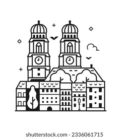 Travel Munich scene with Frauenkirche cathedral of our lady inspired landmark. Bavaria travel symbol and architectural monument in line art minimalist design.