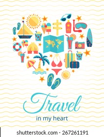 Travel in my heart. Vector concept . Heart with different travel flat icons 