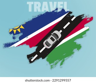 Travel to Namibia by car, going holiday idea, vacation and travel banner concept, car on the road with Namibia flag, international car travel, automobile going on a way, top view