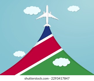 Reise nach Namibia per Flug, Zielkonzept, Urlaub in Namibia, Flugzeug-Vektordesign, Papierschnitt-Effekt mit blauem Himmel und Flugzeug, Sommerreise-Idee, Landtourismus-Banner