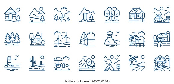 Travel and Nature Line Icons Set. Vector Collection of Vacation, Outdoors, and Landmark Symbols, Perfect for Web, Mobile Apps, and Tourism Agencies