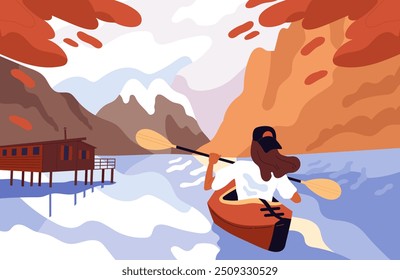 Cartaz de viagem na natureza. Mulher com canoa no rio. Vida ativa e lazer ao ar livre. Férias e feriados. Viajante e turista com caminhadas. Ilustração de vetor plano