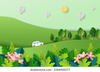 Travel with nature scenery on springtime,colorful trees and leaves with blooming flowers on paper cut and craft background,vector illustration