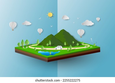 Travel with nature scenery on springtime,spring mountain meadow on isometric background,vector illustration