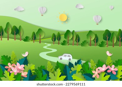 Viajar con paisajes naturales en primavera, paisaje primaveral con flores florecientes y hojas coloridas sobre el corte de papel y el estilo artesanal,ilustración vectorial