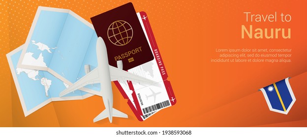 Travel to Nauru pop-under banner. Trip banner with passport, tickets, airplane, boarding pass, map and flag of Nauru. Vector template.