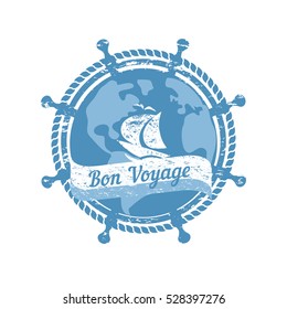 Travel nautical icon have nice trip in French letters Bon Voyage. Vintage retro poster concept. Globe steering helm stamp. Design idea cruise ship tour emblem. Vector advertisement label background