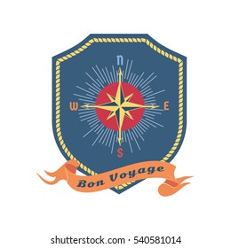 Travel nautical icon have nice trip - French letters Bon Voyage. Maritime heraldic emblem. Vector freehand drawn sail symbol. Stylized wind rose sea compass. Marine advertisement label logo background