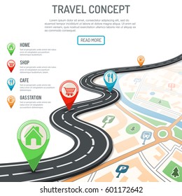Travel and Navigation Concept with flat icons marking road, pointer and map. vector illustration