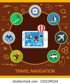 Travel navigation flat icons concept. Vector illustration. Element template for design.
