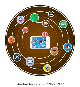Travel navigation flat icons concept. Vector illustration. Element template for design.
