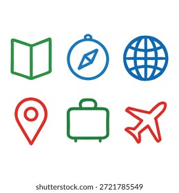 Travel and Navigation Icon Set with Open Map, Compass, World Globe, Location Pin, Suitcase, and Airplane Symbols