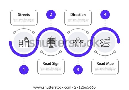 Travel and navigation round blue line infographic 4 steps. Street plan, pointers and roadmap. Tourist support service. Editable thin line icons diagram process