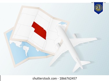 Travel to Nebraska, top view airplane with map and flag of Nebraska. Travel and tourism banner design.