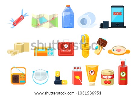 Travel necessities sett, first aid kit, rope, compass, map, phone, bottle of water, battery, radio, box of matches, repellent, canned food vector Illustrations on a white background Сток-фото © 