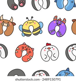 Travel neck pillow with animal face. Seamless pattern. Accessory to healthy sleep. Hand drawn style. Vector drawing. Design ornaments.