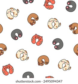 Travel neck pillow with animal face. Seamless pattern. Accessory to healthy sleep. Hand drawn style. Vector drawing. Design ornaments.