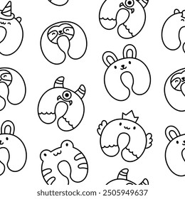 Travel neck pillow with animal face. Seamless pattern. Coloring Page. Accessory to healthy sleep. Hand drawn style. Vector drawing. Design ornaments.