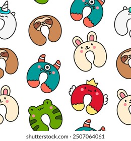 Travel neck pillow with animal face. Seamless pattern. Accessory to healthy sleep. Hand drawn style. Vector drawing. Design ornaments.