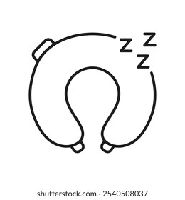 Travel Neck Pillow With ZZZ Line Icon. Comfortable Sleep Accessory Outline Symbol. Comfort For Sleeping While Traveling. Editable Stroke. Isolated Vector Illustration.