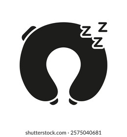 Travel Neck Pillow With ZZZ Silhouette Icon. Comfortable Sleep Accessory Glyph Symbol. Comfort For Sleeping While Traveling. Isolated Vector Illustration.