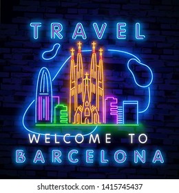 Travel neon. Vector realistic isolated neon sign of Welcome to Barcelona for decoration and covering on the wall background.