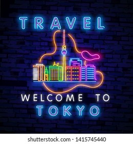 Travel neon. Vector realistic isolated neon sign of Welcome to Tokyo for decoration and covering on the wall background.