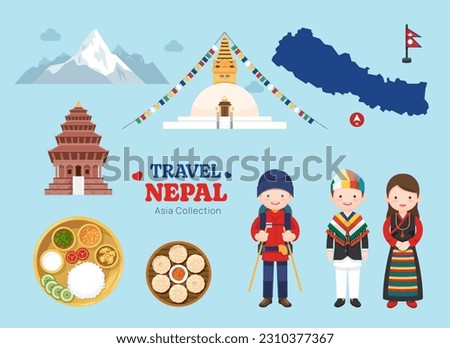 Travel Nepal flat icons set. Nepalese  element icon map and landmarks symbols and objects collection. Vector Illustration