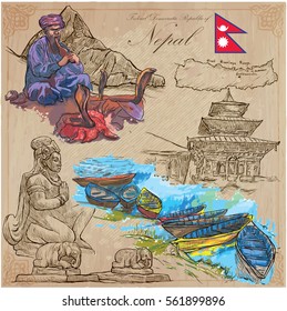 Travel, NEPAL. Pictures of Life. An vector hand drawn collection. Line art technique. 