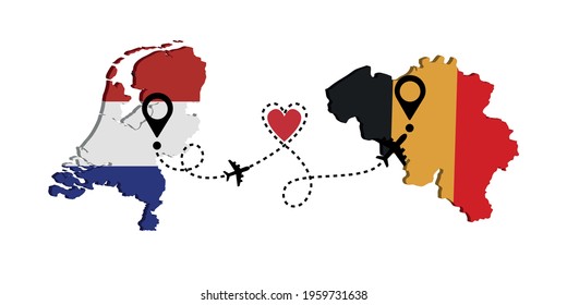 Travel from Netherlands to Belgium by passenger plane. Airplane route. Freedom to travel. I love traveling by plane.