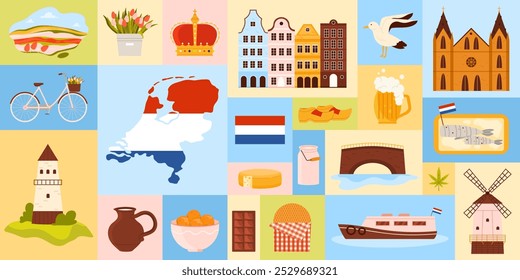 Travel to Netherlands, geometric banner design with Holland culture elements, landmarks and food. Dutch architecture, map and flag, croquette bowl and fish, cheese and beer cartoon vector illustration