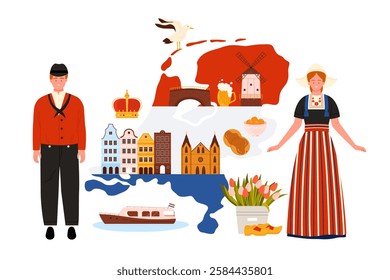 Travel to Netherlands, infographic map presentation with Dutch people in cute traditional dress, flag and history buildings, elements of culture and landmarks of Amsterdam cartoon vector illustration