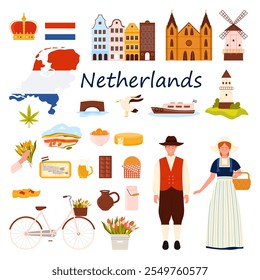 Travel to Netherlands set. Dutch people in traditional dress, flag and map of country, Holland culture elements and history landmarks of Amsterdam city, tulips and cheese cartoon vector illustration