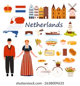 Travel to Netherlands set. Dutch people in traditional dress, flag and map of country, Holland culture elements and history landmarks of Amsterdam city, tulips and cheese cartoon vector illustration