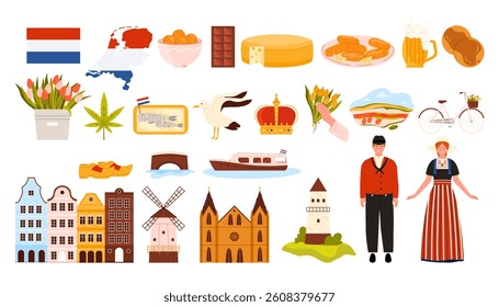 Travel to Netherlands set, famous architecture landmark and national culture symbols of Holland. Dutch man and girl, windmill and food, flag and map of country, bicycle cartoon vector illustration