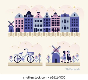 Travel Netherlands - Vector set of traditional dutch elements / symbols in modern flat illustration style.