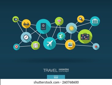 Travel network. Growth background with lines, circles and integrate flat icons. Connected symbols for tourism, holiday, trip, summer, vacation and global concepts. Vector interactive illustration