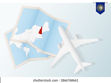 Travel to New Hampshire, top view airplane with map and flag of New Hampshire. Travel and tourism banner design.