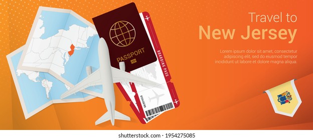 Travel to New Jersey pop-under banner. Trip banner with passport, tickets, airplane, boarding pass, map and flag of New Jersey. Vector template.