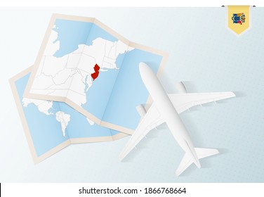 Travel to New Jersey, top view airplane with map and flag of New Jersey. Travel and tourism banner design.