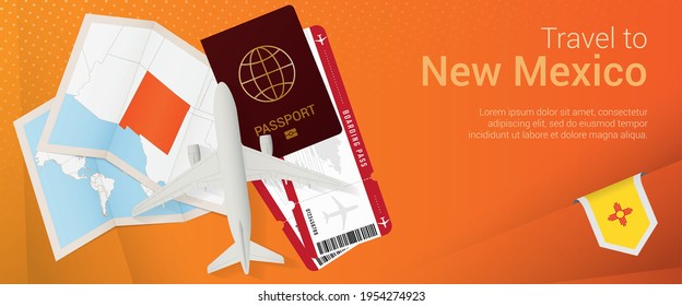 Travel to New Mexico pop-under banner. Trip banner with passport, tickets, airplane, boarding pass, map and flag of New Mexico. Vector template.