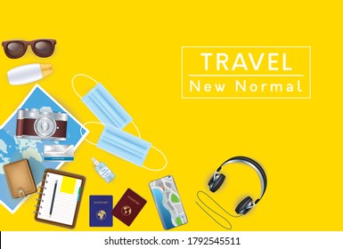 Travel New normal lifestyle concept. Top view of  masks and travel accessories, map on yellow background. Vector EPS10 illustration.