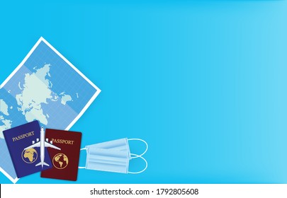 Travel New normal lifestyle concept. Top view of  masks and passport, map on blue background. Vector EPS10 illustration.