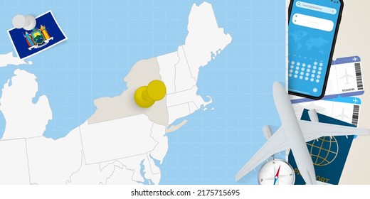 Travel to New York concept, map with pin on map of New York. Vacation preparation map, flag, passport and tickets. Vector illustration in flat design.