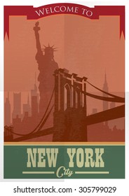 Travel to New York Poster. Vintage travel advertisement with New York City 