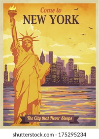 Afiche de Viaje a Nueva York - Anuncio de estilo vintage con ciudad y Estatua de la Libertad contra el cielo soleado; ilustración vectorial dibujada a mano