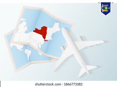 Travel to New York, top view airplane with map and flag of New York. Travel and tourism banner design.